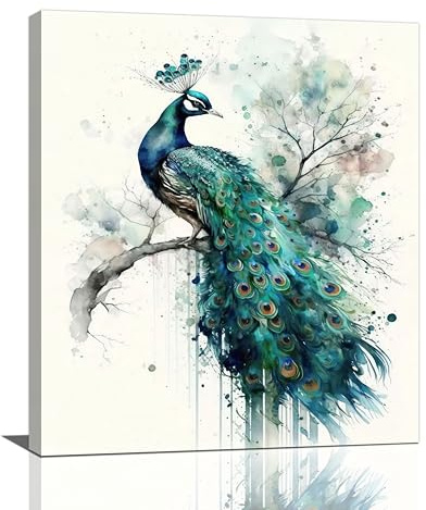 Wandkunst, Motiv: Pfau, Aquarell, ästhetische Leinwanddrucke, gerahmt, modernes Gemälde, Heimbüro-Dekoration für Küche, Schlafzimmer, Badezimmer, Wohnzimmer, gerahmt, 50,8 x 61 cm