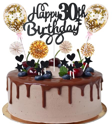 Cnrose Tortendeko Mann Frauen 30. Geburtstag Hello 30 Cake Topper schwarz gold mit Herz Stern Ballon Kuchendeko 30. Geburtstag Happy 30th Birthday Tortendeko 30 jahre Mann 30 Geburtstag Frauen