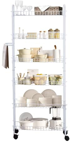 SkyMall Slim Rolling Pantry Cart 6-Tier Shelf - Space-Saving Kitchen & Spice Rack on Wheels, 6 Deep, White Metal, SKY1189