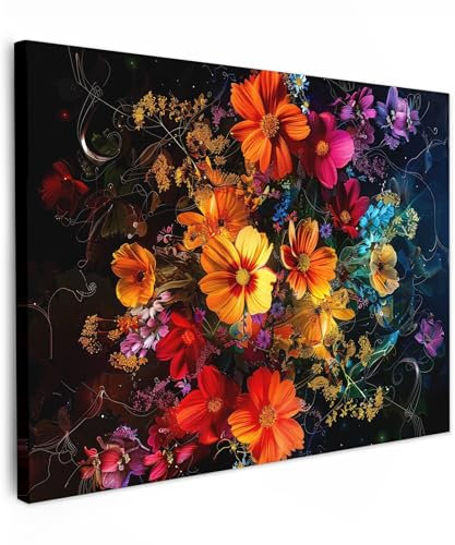 MuchoWow© Leinwand Bilder 70x50 cm Wanddeko Wohnzimmer Aesthetic Room Decor Deko Zimmer Wandbilder Modern Bild auf Leinwand Bunt - Blumen - Farbenfroh - Schwarz