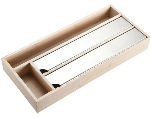 Kesper Folienspender 4 Fächer 42x19x5 cm Bambus braun Silber Organizer Folienschneider für die Schublade Frischhaltefolienspender Küchenverpackungsorganisator