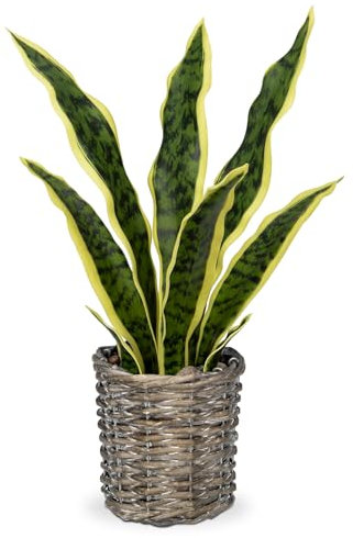 Sansevieria Planta artificial en cesta de ratán pequeña planta de interior artificial planta de serpiente artificial plantas artificiales como auténticas perfectas para cuarto de baño, dormitorio,