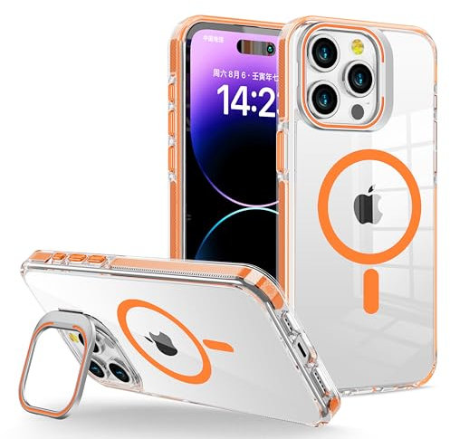 Kiresen for iPhone 11 Pro Max Case Clear with Kickstand and Screen Protector - Compatible with Wireless Charging,21ft Military-Grade Drop TestedShockproof Slim Fit Magnetic Crystal Cover - Orange