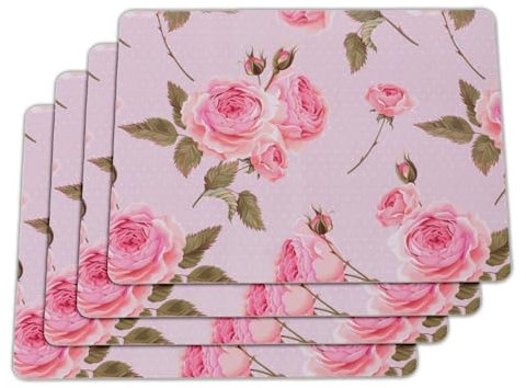 Seaside No.64 - Platzset mit Korkunterseite - Verschiedene Designs - Pflegeleichte Alternative zu Tischdecken - Eyecatcher für deinen Esstisch (4er-Set Florales Design rosa)