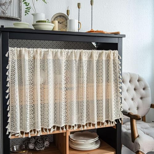 WAZZIO Beige Boho-Fenster-Topper, Volants, kurzer Vorhang für Fenster, breite Taschenvolants, Baumwollmischung, Häkelspitze, Volants für Fenster, Wohnzimmer, Schlafzimmer, Küche, Esszimmer, 150 x 45