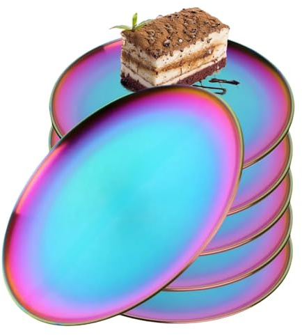 JYJFGSFA Lot de 6 assiettes à dessert arc-en-ciel de 23 cm en acier inoxydable coloré pour fête de camping, réutilisables et lavables au lave-vaisselle