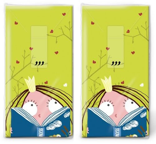 20 einzelne Taschentücher Kindermotive Prinzessin hinter Buch. 2 Packungen mit 10 einzelnen Papiertaschentücher bedruckt als Geschenk.