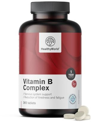 HealthyWorld® Vitamine B-complex - 365 compresse - Scorta Annuale - 8 vitamine del gruppo B - B1 B2 B3 B5 B6 B7 B9 B12 - Aumento di Energia, contro la Stanchezza - Supporto Completo del Corpo