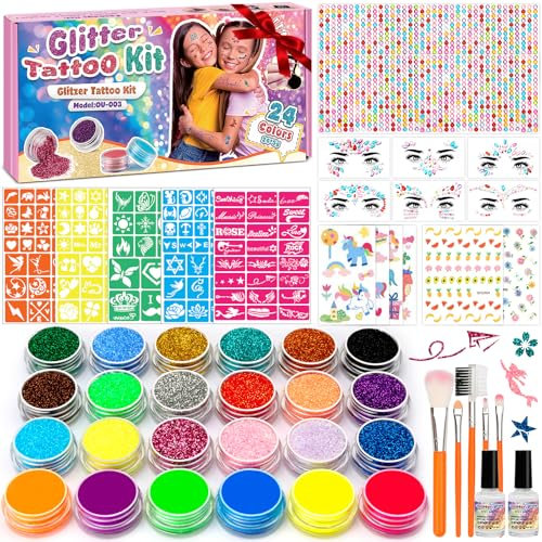 Glitzer Tattoo Set kinder, Glitzertattoos kinder Set, Temporäre Tattoo Kit, 24 Farben, 6 Gesicht Edelsteine, 1292 Strasssteine, 150 Schablonen, Geschenk Mädchen für Kindertag, Partys, Geburtstag
