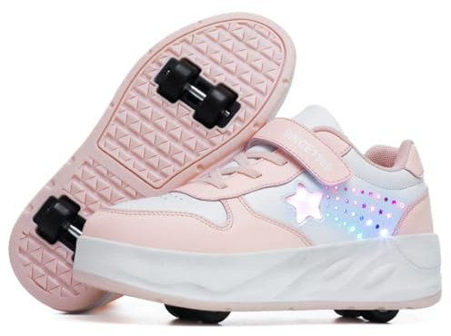 Mateju Scarpe con Rotelle per Bambini, Scarpe da Skateboard Sportive all'aperto 2 in 1 con 4 Ruote Rimovibili, Scarpe da Ginnastica Stella Lucide Pattini Unisex Sneakers Moda