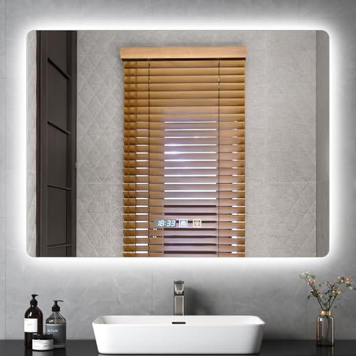 Badspiegel mit Beleuchtung,80x60cm Spiegel mit Beleuchtung,Badezimmerspiegel mit Entfoggen,Badezimmer Spiegel mit Uhr,Touch-Schalter,Dimmbar, 3 Lichtfarbe