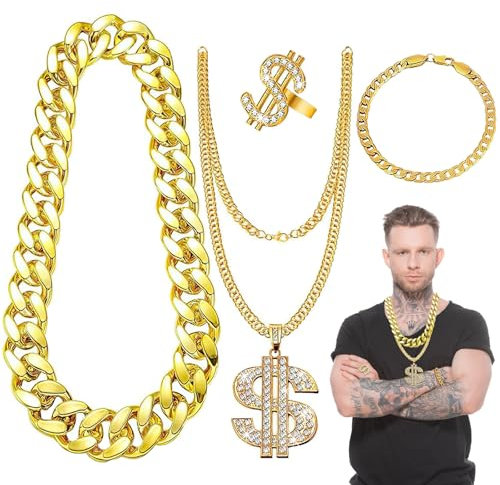 YUNHENTONG Dollar Kette Goldkette Fasching 4 Stück Rapper Kette Armbänder Ring Hip Hop Kette Zuhälter Kostüm Pimp Rapper Hip Hop Kostüm Herren