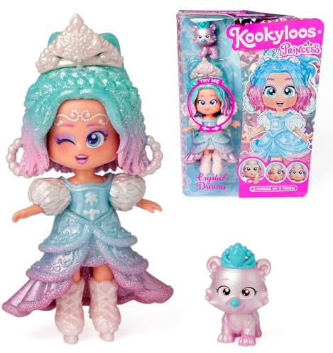 KOOKYLOOS Princess Series CRYSTAL DREAMS - Collectable Doll with 1 Doll, 1 Set of Princess Themed Clothes and Shoes, 1 Accessory, 1 Pet, 3 Different Faces, Weiß, Silber, Hellblau