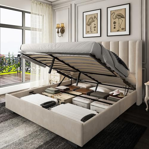 knoworld Queen Size Lift Up Storage Bed Frame with 51 Tall Headboard, Upholstered Velvet Wingback Tufted Design, Wood Slats Support, No Box Spring Required, Noise-Free Double Bed Frame (Queen,Beige)