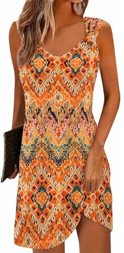 Yeenily Robe Femme Col en V sans Manches Décontractée Plage Robes Chic et Elegant Été Couleur Unie Mini Longue Tunique Robe (Orange Impression, XXL)