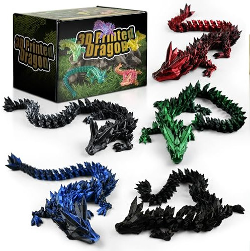 Impossmaker 5PCS Dark Series 12 3D Printed Dragon Set – Articulated Crystal Dragons, Cool Desk Toys for Adults & Teens, Unique 3D Printed Animals, Gothic Fantasy Decor, Novelty Gift for Men & Boys
