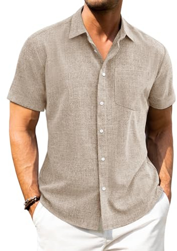 J.VER Linen Shirts Short Sleeve Mens Champagne Casual Summer Regular Fit Beach Holiday Button Down Shirt L