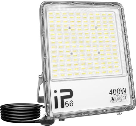 PICAA 400W LED Strahler Außen mit Stecker, 40000LM LED Fluter Flutlicht, 6000K Kaltweiß Außenstrahler Scheinwerfer für Garten, Hof, Garage, Baustellen