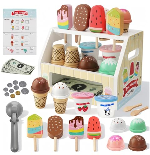 WUSUPU Heladeria Juguete,Mini Juguete de Helado,Tienda de Helados con Conos,Tienda de Helados Accesorios de Cocina,Madera Juguetes Juego Educativos Regalo para Niñas Niños 3 4 5 6 años