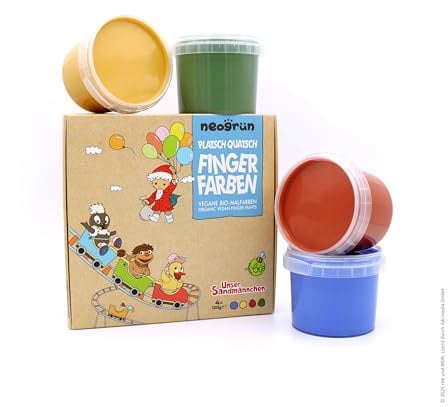 neogrün Bio-Fingerfarben 4er Set „Platsch Quatsch“ – vegane Kinderfarben, 4×120 g, pflanzenbasiert & NCP-zertifiziert, Sandmännchen Edition