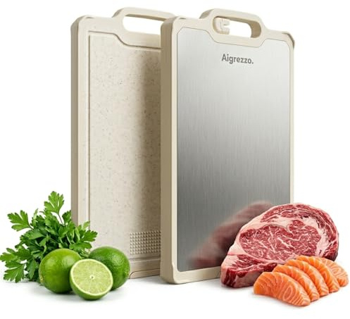 Aigrezzo Titanium Chopping Board, 16x11x0.9 inch Non-Slip Cutting Board with Knife Sharpener, Dual-Sided Titanium & Wheat Straw PP, Thick, Anti-Spill Edge, Dishwasher Safe, Rectangular