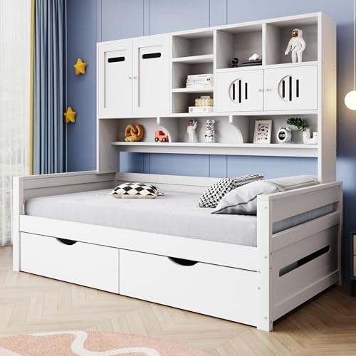 EINHOM Holzsofa-Bett 90 x 200 cm, Kinderbett mit multifunktionaler Stauraum, große 2 Schublade, Einzelbett, Jugendbett, Lattenrost, Weiß (Ohne Matratze)
