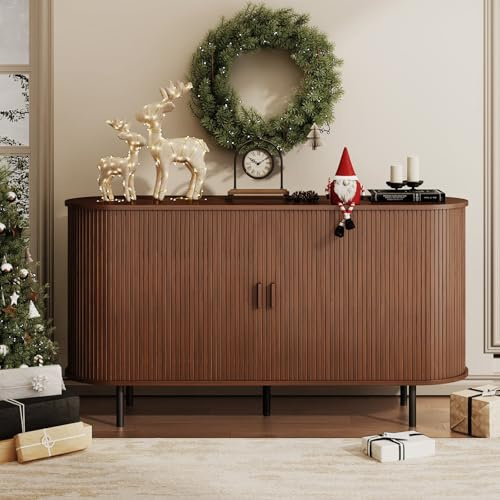 Buffet Sideboard Cabinet with Storage, 55 Fluted Cabinet with Sliding Door & Adjustable Shelf, Modern Accent Coffee Bar Console Table for Kitchen, Entryway, Walnut