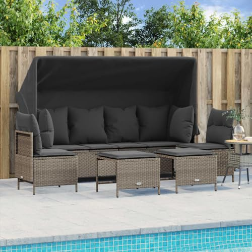 QJBSAVVA 5-TLG Garten-Sofagarnitur hellgrau mit verstellbarem Sonnendach und Fußbank aus Poly-Rattan 204 x 75 x 140 cm Modernes Lounge-Set für Balkon Garten Terrasse