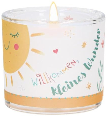 LichtMoment „Willkommen: Glas-Windlicht mit Sonne in Gelb- Teelichthalter mundgeblasen inkl. Teelicht und Geschenkverpackung, im Format 6 x 6,5 cm. Ideal als kleines Geschenk | Mundgeblasenes Glas - Inklusive Teelicht und Geschenkverpackung - 6 x 6.5 cm - Ideal als kleines Geschenk für Zuhause