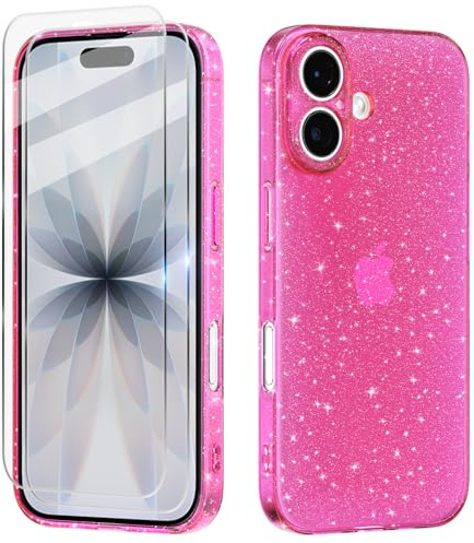 Tikgue Hülle für iPhone 17 mit 2 Stück Schutzfolie，Handyhülle Glitzer Transparent Silikon Stoßfeste Schutzhülle Slim Weich TPU Case Kompatibel mit iPhone 17 - Rosen Rot