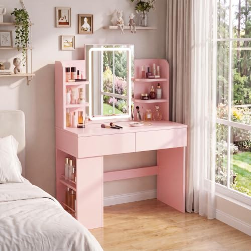 JUMMICO Toeletta con Specchio LED, Luminosità Regolabile, Tavolo da Trucco 90 cm con 2 Grandi Cassetti, 6 Ripiani Aperti, Vano Laterale, Mobile per Camera da Letto (Rosa, LED Lighting)
