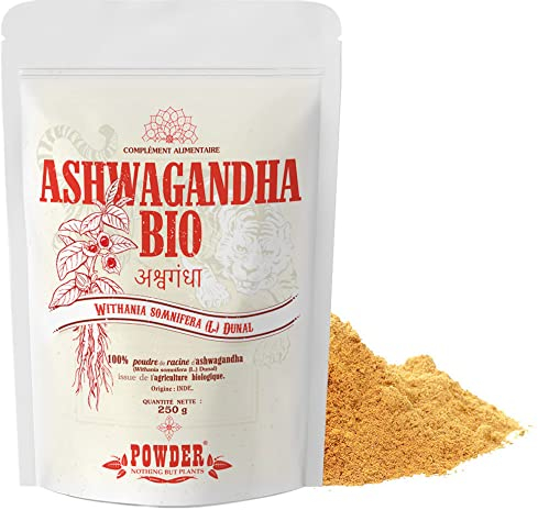 ASHWAGANDHA ECOLÓGICA EN POLVO * 50 raciones / 250 g * Planta adaptógena * Referencia en medicina Ayurveda * Propiedades afrodisiacas, estimulantes y rejuvenecedoras* Fabricado en Francia