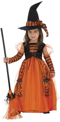 Rubies Costume da strega brillante per bambina, arancione, con dettagli in glitter e cappello con dettagli in paillettes per Halloween, carnevale, compleanni e Natale