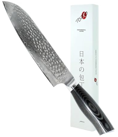 Totiko Coltello Professionale in Acciaio Damasco, Coltello da Cucina Professionale Giapponese da Carne, Pesce, Verdura, Lama 19cm, Santoku Damascato, Manico in Resina Micarta - Yukimura Japan Knives