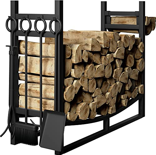 Amagabeli Kaminholzregal mit 4 Kaminwerkzeug 90cmx78cmx33cm Großes breites Brennholzregal Kaminwerkzeugregal für Innen Außen Anzündholzhalter Holzlager Ständer Werkzeuge Herdzubehör Schwarz