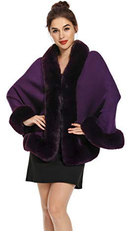 ZLYC Hiver Femme Fausse Fourrure Cape Chaud Tricoté Ponchos Mariage Châles(Violet)