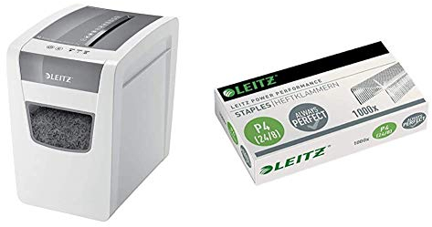 Leitz IQ SL Home Office Aktenvernichter, Partikelschnitt, Sicherheitsstufe P4, 10 Blatt Kapazität, 23L Abfallbehälter & Power Performance Heftklammern P4 (24/8), Verzinkt, Box mit 1000 Heftklammern