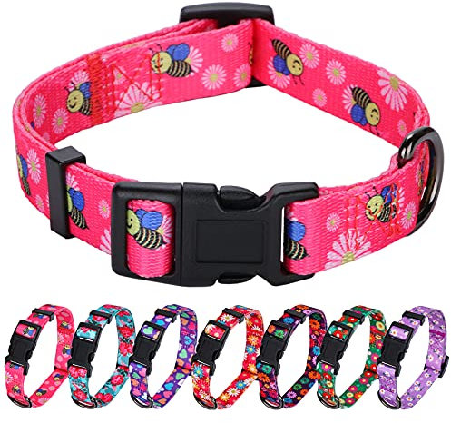 Rhea Rose Collare per cani rosa con stampa di api e margherite estive per cani di taglia media