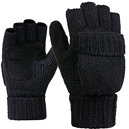Rehomy Fingerlose Handschuhe für den Winter, Wolle, Wärmedämmung, wandelbare Fäustlinge, Überzug für Damen und Herren (Schwarz)