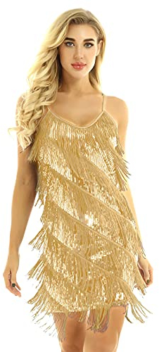 Jowowha Damen Flapper Kleid 1920er Jahre Pailletten Quasten Kleider Bodycon Cocktail Party Fransen Kostüm Samba Tango Tanzkleider Gold Einheitsgröße