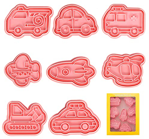 Moldes Galletas Infantiles, 8pcs Cortadores de Galletas Coche, 3D Molde Galletas de Transporte Plástico, Vehículos Formas Galletas, Cookie Cutter para Galletas, Fondant, Decoración de Pasteles
