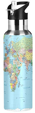 World Map - Borraccia con cannuccia in acciaio inox, isolata sotto vuoto, a prova di perdite, per viaggi, sport, palestra, 567 g