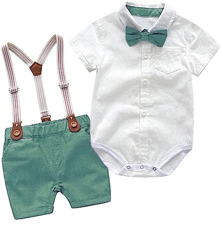 Dazzerake 2 Pezzi Completi per Neonato Tutina da Gentiluomini Estivi Pagliaccetto Camicia a Maniche Corte con Papillon + Salopette Pantaloncini con Bretelle 0-24 Mesi (Verde A, 12-18 mesi)