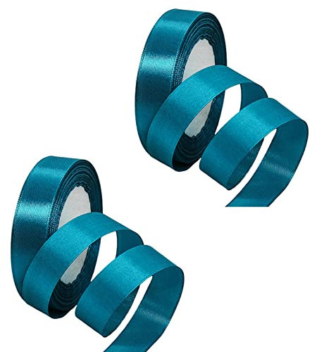2 Rolls Peacock Blue Satin Ribbon 20mm - Double Sided, Thick Fabric for Gift Wrapping, Crafting, Cake Decoration, Hair Bows, Christmas & Wedding
