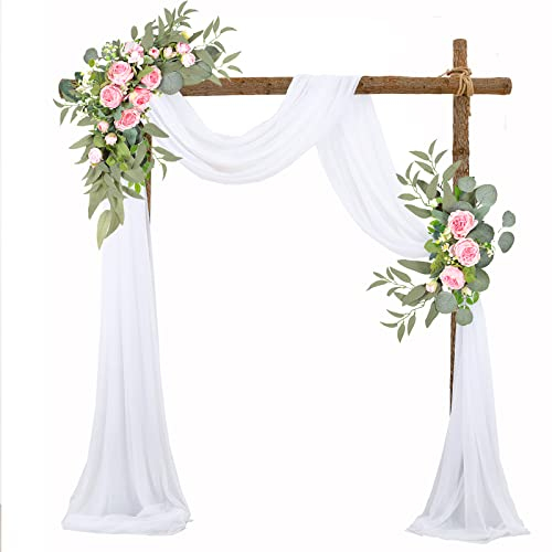 BestAlice Kit di fiori artificiali per archi nuziali (set da 3), 2 festoni di fiori artificiali con 1 tessuto bianco drappeggiato per decorazione dello sfondo, bianco 3