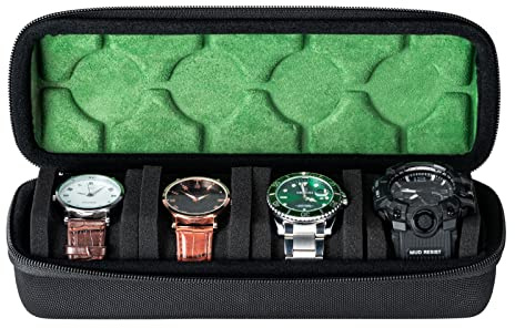 RIGICASE Custodia rigida da viaggio per orologi da uomo, con 4 scomparti, portatile, con cuscini in schiuma morbida, si adatta a orologi di tutte le dimensioni fino a 60 mm (fodera in microfibra