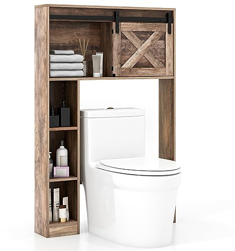 GOPLUS Toilettenschrank mit Ablagefächern, Toilettenregal aus Holz mit Schiebetür, Badschrank, Badregal Vintage für Badezimmer, Wäscheraum, 84 x 17 x 128cm, Braun