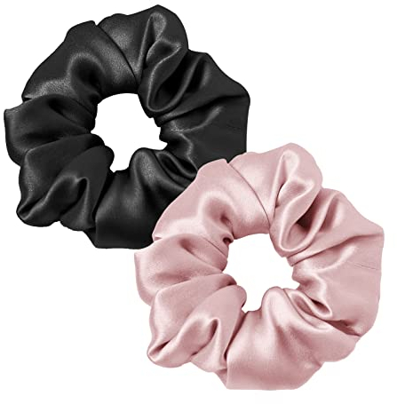 LILYSILK 100% Seide Haarringe Damen Pferdeschwanzhalter Haarband aus Seide, Seide Haargummis Verpackung MEHRWEG(Schwarz+Altrosa,2)