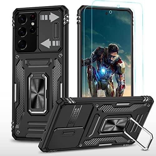 YmhxcY For Samsung Galaxy S21 Ultra Case,Military grade protective phone case，with [2 Packs] Screen Protector,Slide Camera Cover,360° Rotate metal Stand, for Samsung Galaxy S21 Ultra 6.8''-Black