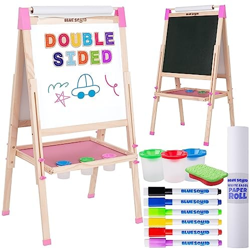 Kunst Staffelei für Kinder mit Zubehör- Doppelseitige hölzerne Tafel für Kinder mit magnetischer Kreidetafel, abwischbarem Whiteboard & Papierrolle, Kindertafel mit Kreide und Magnet 2-4 4-8 9-12